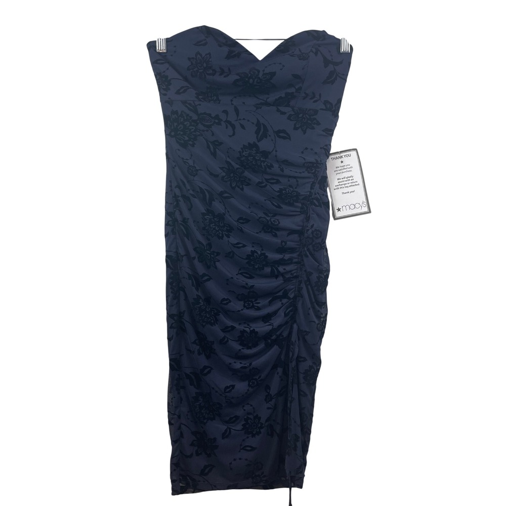 City Studio Navy Blue Flocked Floral Mesh Ruched Strapless Bodycon Dress 7 NEW